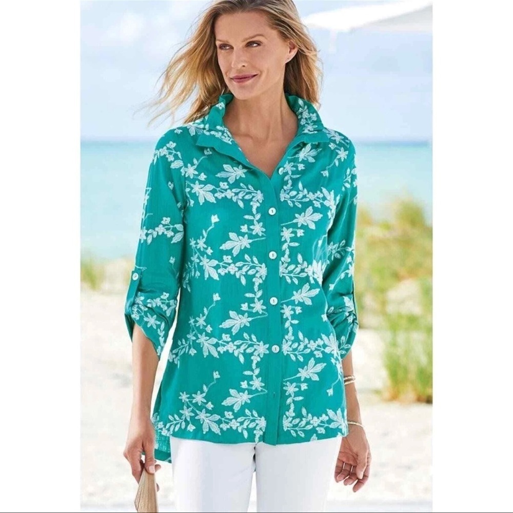 SOFT SURROUNDINGS Isla Verde Linen Boho Embroidered Buttom Down Shirt